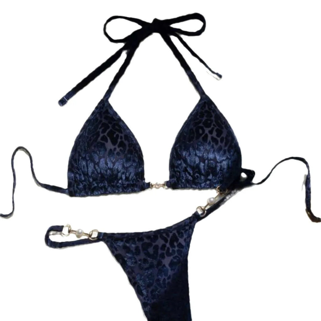 Blue leopard print swimwear bikini set with polyester and spandex fabric