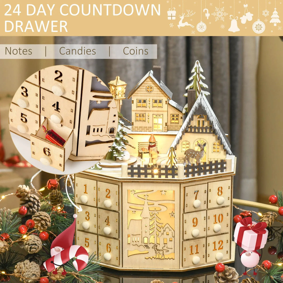 Wooden Christmas 24-day countdown advent calendar ornament for home and office gift use