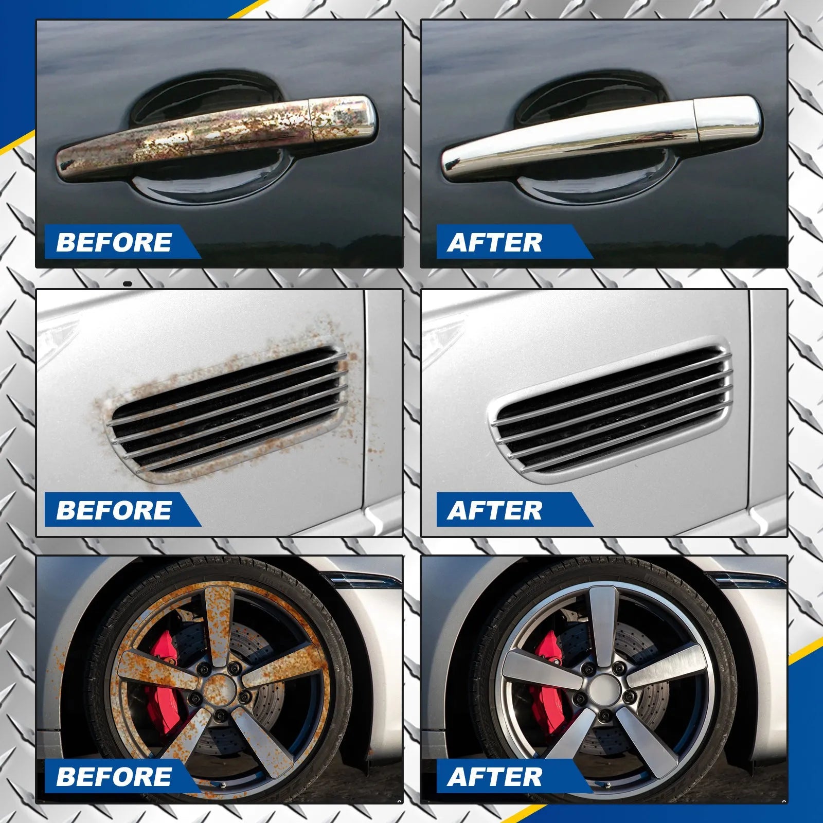 Automotive rust remover spray bottle with iron powder formula for car surfaces