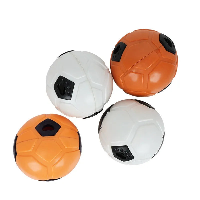 Orange and white TPR dog toy balls showing hollow style and tooth cleaning stick designs