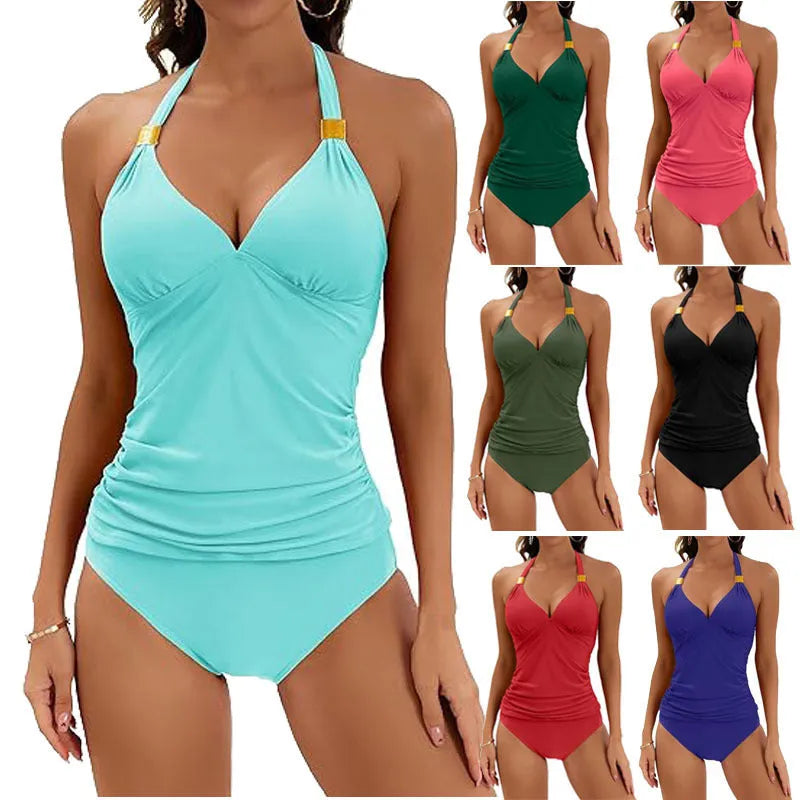 Women's halter neck split tie two piece swimsuit in milk silk fabric available in multiple colours
