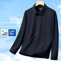 Men's navy blue business shirt with summer lapels made from ice silk polyamide fabric for office wear