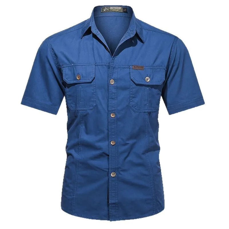 Men's loose-fit short sleeve cotton shirt in army green, laid flat showing cardigan style and non-iron fabric.