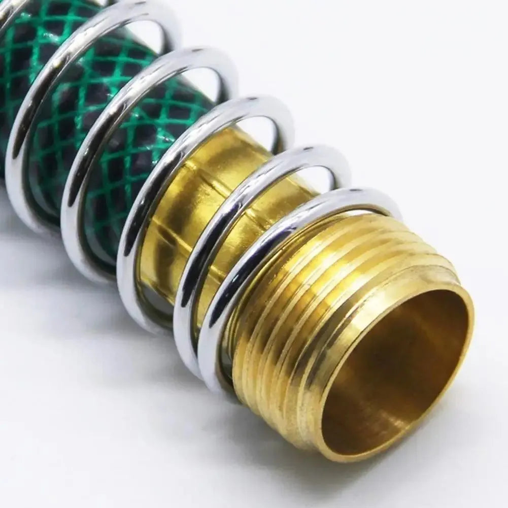 Brass garden hose connector with steel anti-kink spring measuring 15cm