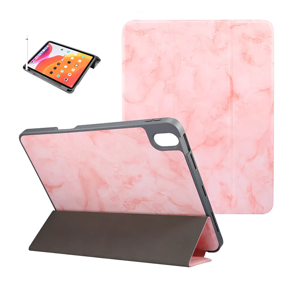 Tri-fold marbling pattern iPad leather case in dark grey with a visible stylus pen slot.