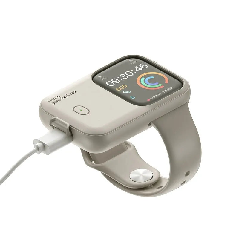 Apple Watch portable charging case with silicone protective cover in brown, midnight blue, or starlight colours