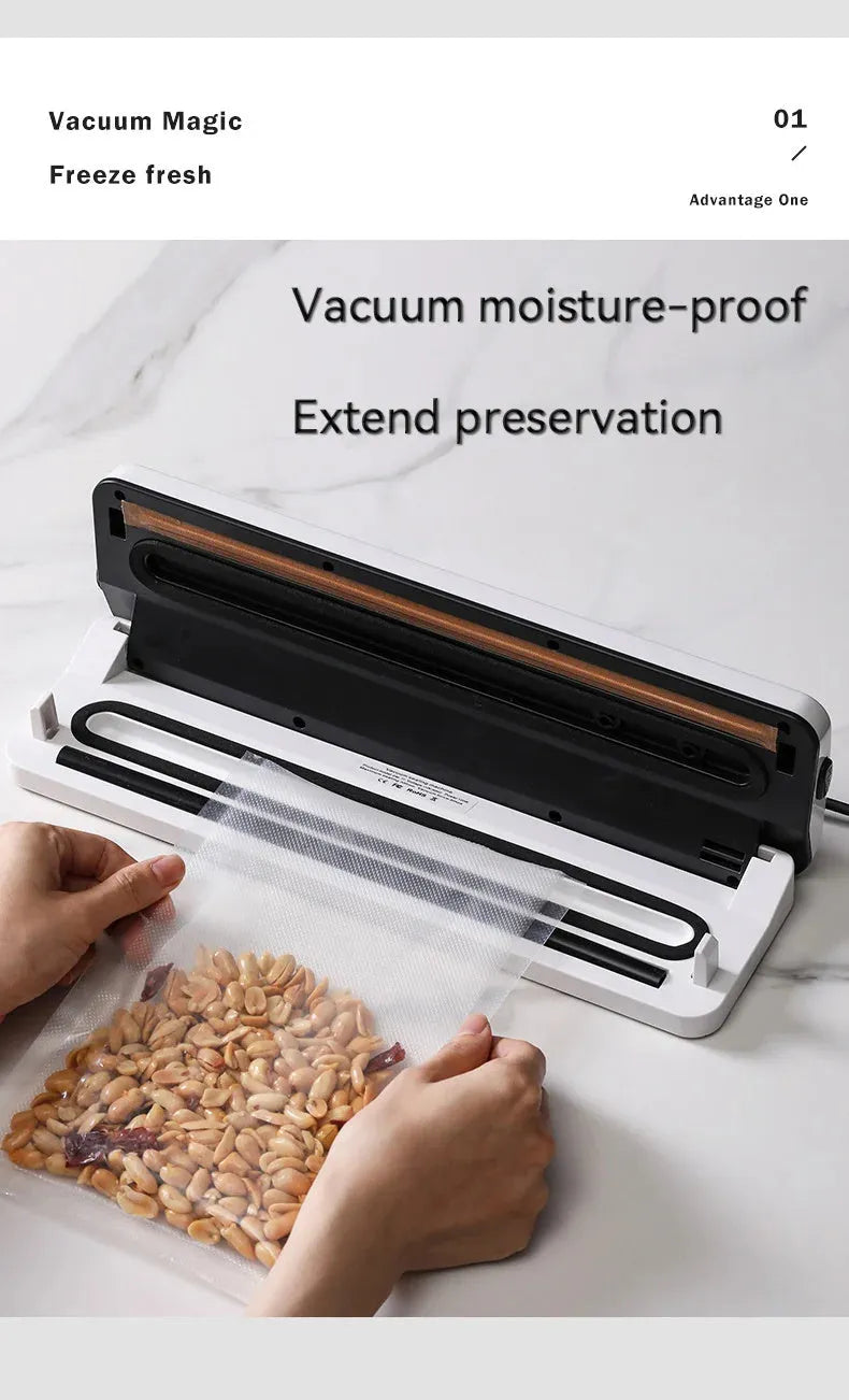 Small white automatic vacuum sealer machine for household food preservation and item protection