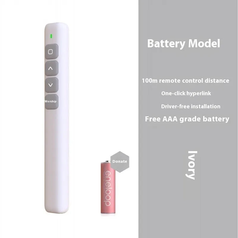A whiteboard remote control pen with a universal USB receiver, shown in black, white, and pink colour options.
