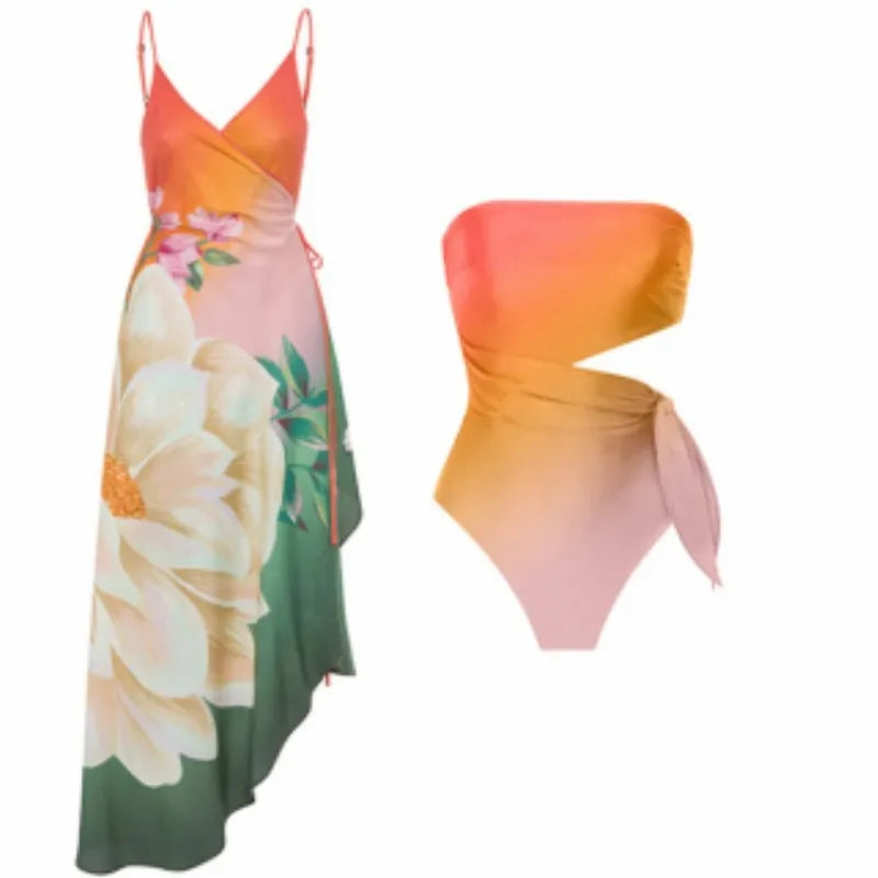 Retro floral printed women's one-piece swimsuit in quick-drying polyester fabric