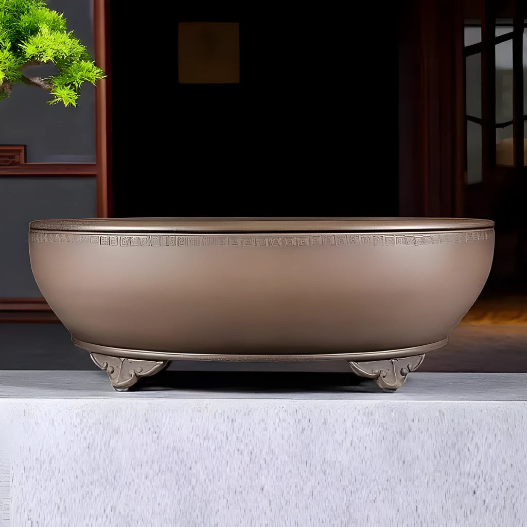 Handmade oval purple sand flowerpot with black mud design measuring 50x39.5x16cm