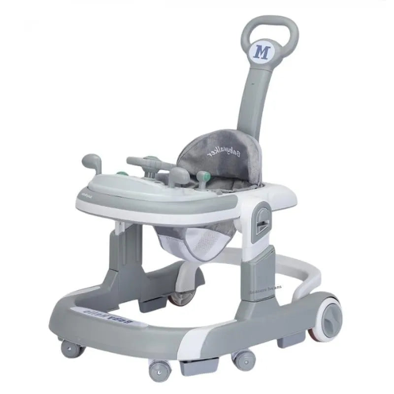 Plastic folding baby walker with music and anti-rollover design, available in multiple colours and patterns