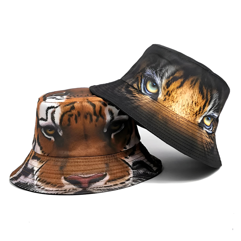 Tiger pattern bucket hat with dome crown in khaki or black colour options