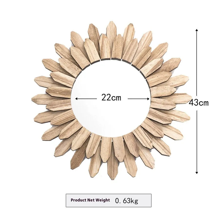 Round solid wood hanging mirror with European-style baked colour finish on a wall.