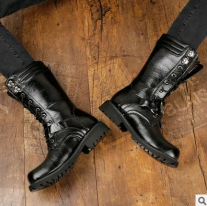Black PU leather men's Martin boots with round toe and flat heel