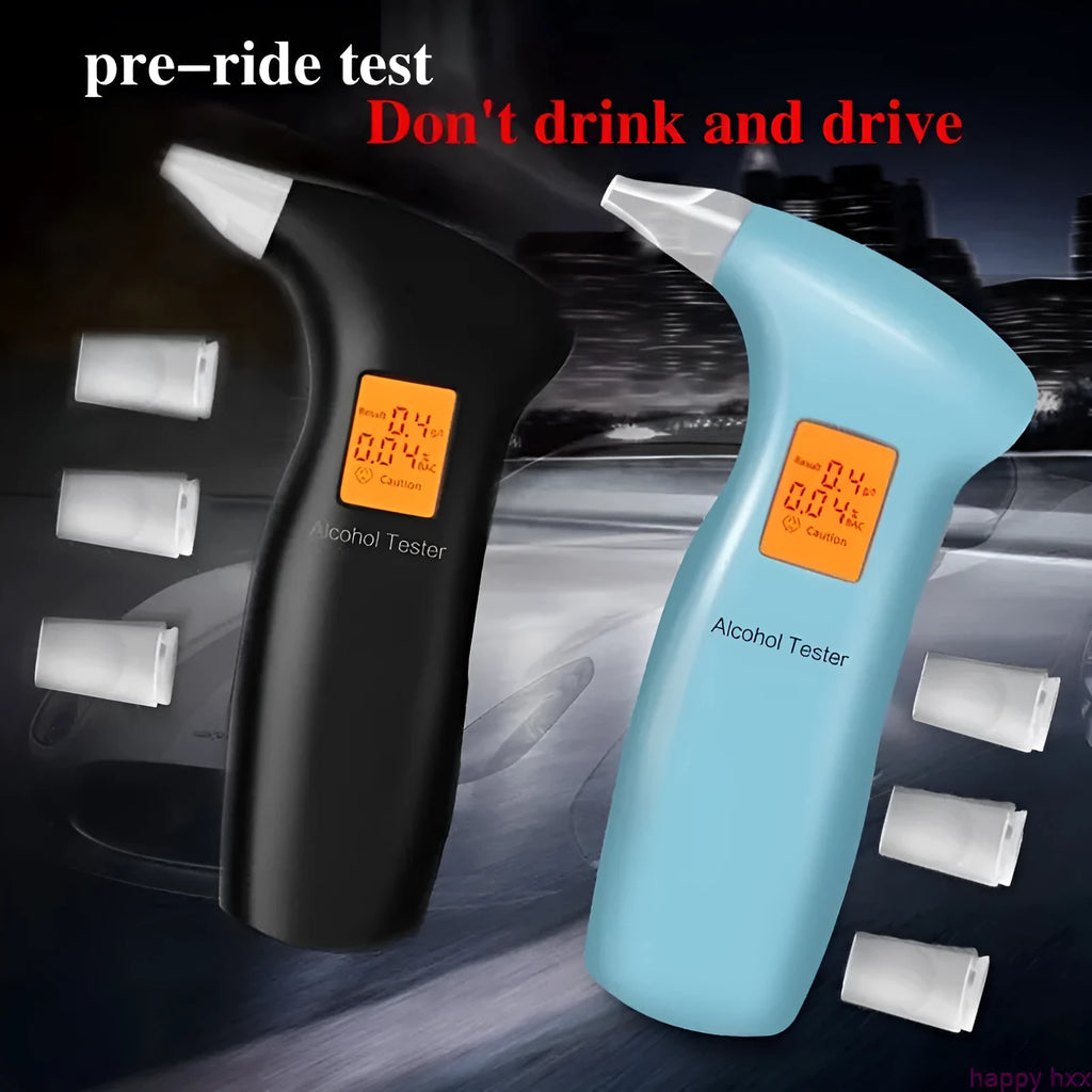 Portable orange light breath alcohol tester with disposable mouthpieces in grey or blue case