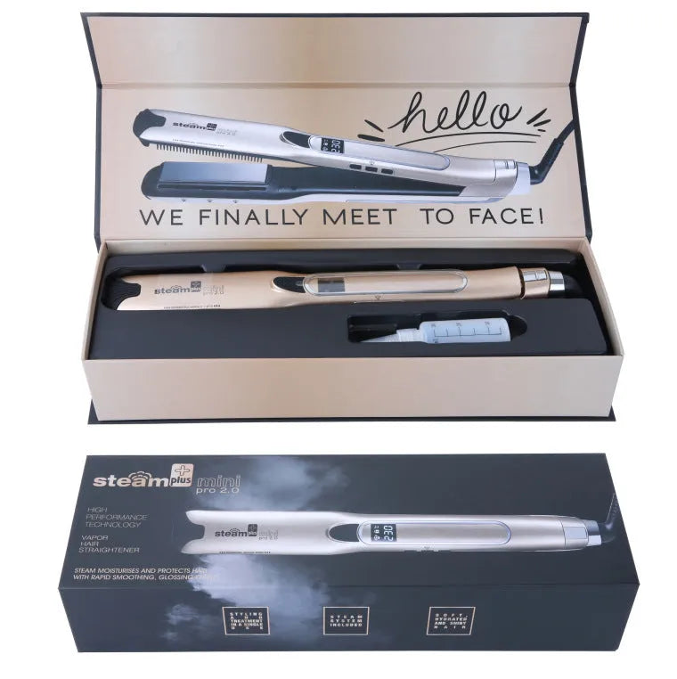 Mini steam splint spray hair straightener in champagne colour with dual styling functions