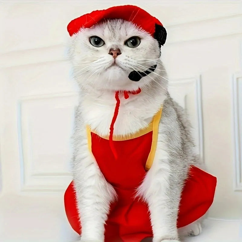 Handmade chef hat and cotton knitted sweater costume for small to medium cats and dogs