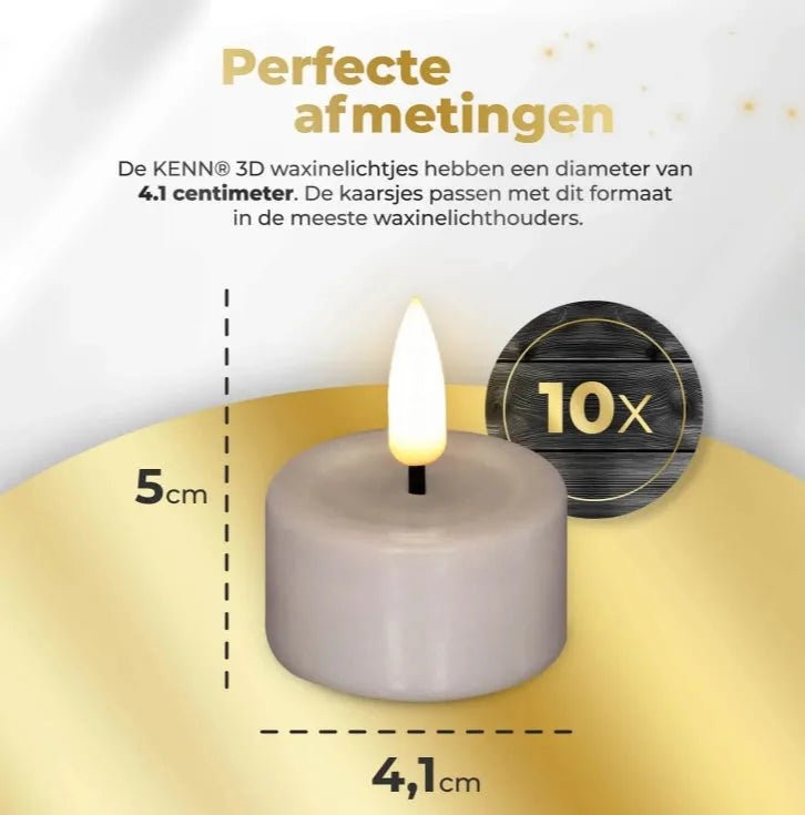 Taupe coloured S10 LED tealight candle with a realistic 3D flame effect.