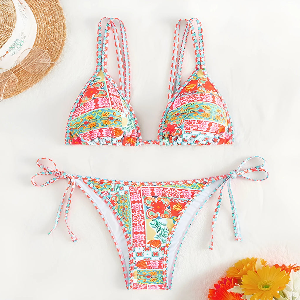 Women's lace-up front split swimsuit with backless briefs style in polyester fabric
