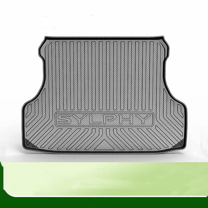 Black TPE car boot protection pad with carbon fibre pattern texture