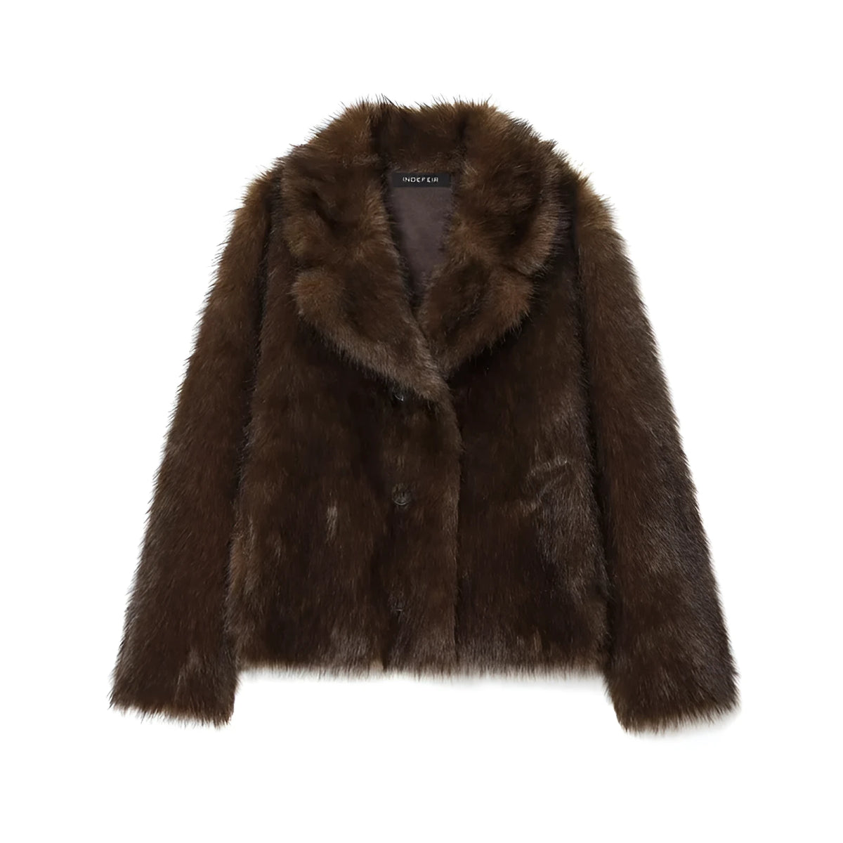 Brown women's faux fur effect jacket with faux fur collar, long sleeves, 50cm length, sizes XS-L.