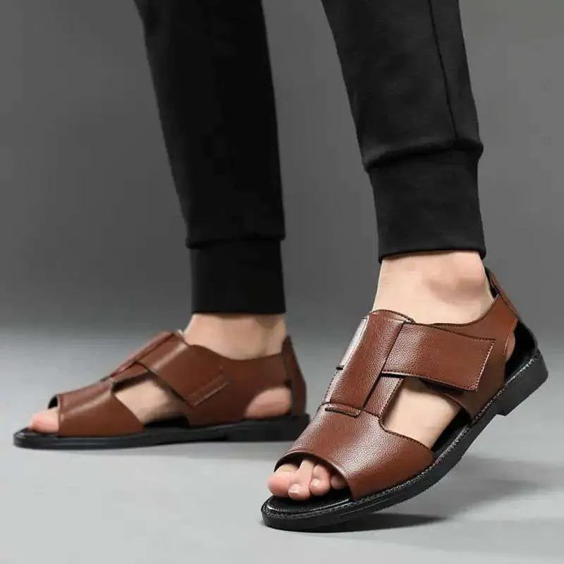 Men's black and brown casual sandals with cowhide upper and rubber sole