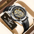 Men's double-sided hollow quartz watch with gold or silver case and brown or black leather belt, 12mm thickness.