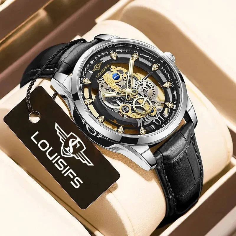 Men's double-sided hollow quartz watch with gold or silver case and brown or black leather belt, 12mm thickness.