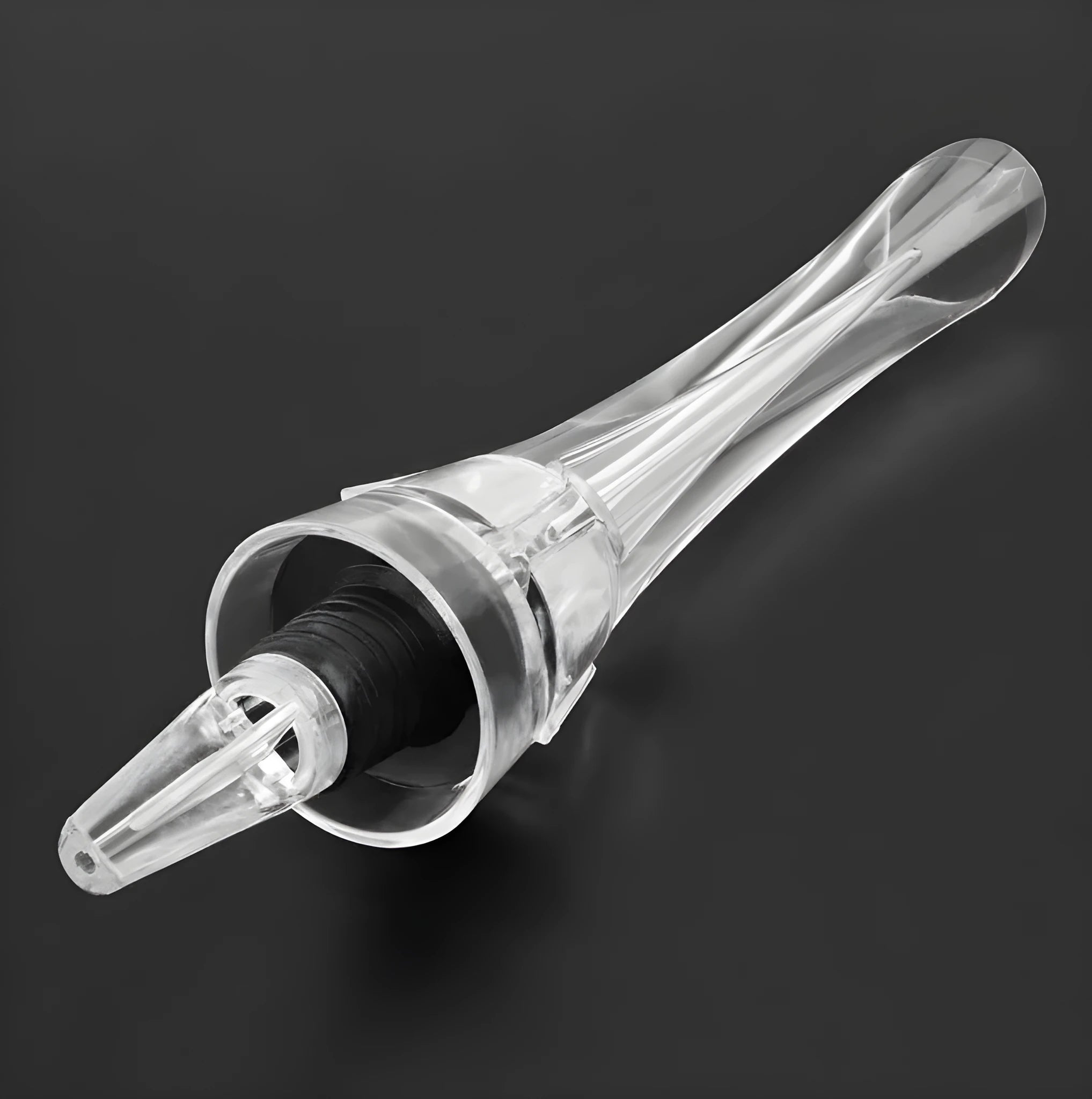 Clear acrylic wine aerator with stainless steel filter measuring 16x4.2cm pouring red wine into a glass