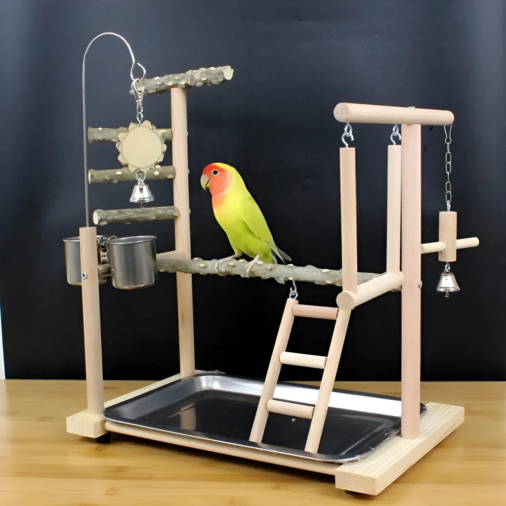 Parrot play stand with Pepper Wood pole and multiple metal platforms.