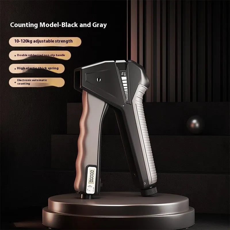 Adjustable hand gripper with mechanical counter showing resistance settings from 5 to 60kg