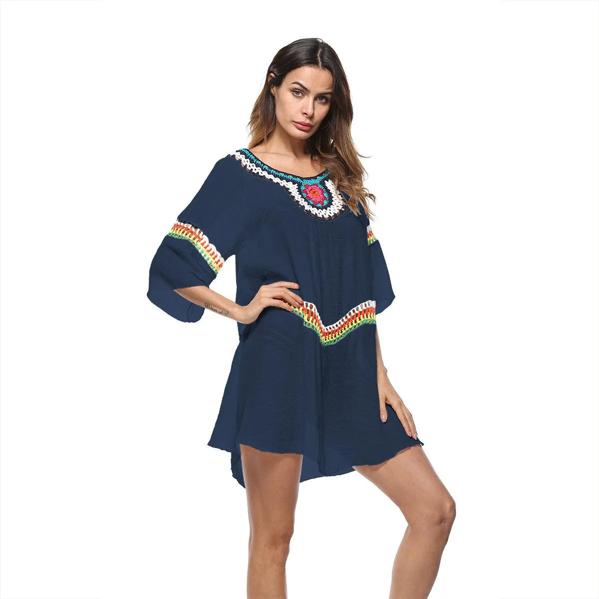 Crocheted ethnic style beach sun protection cover-up for women in acrylic fabric