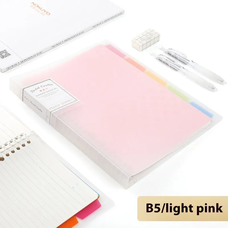 Refillable A5 and B5 spiral notebook with PP cover, shown in pastel cookie blue and plaid impression designs with loose-leaf paper.