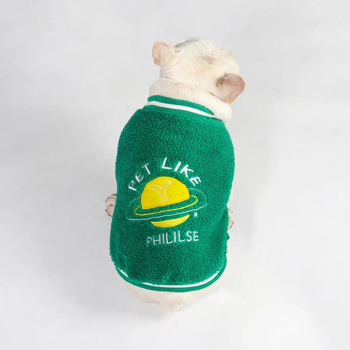 Green fleece-lined dog winter coat shown on model dog