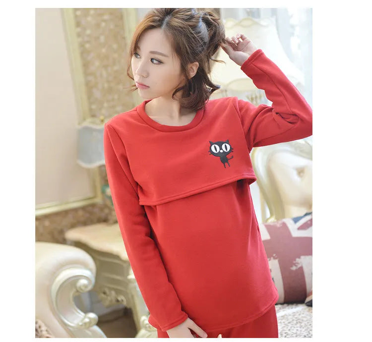 Maternity thermal underwear set in black, cotton long-sleeve top and long pants with cartoon pattern.
