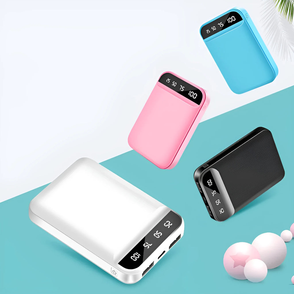 Mini power bank in plastic shell with multiple USB ports showing black, blue, pink, and white colour options