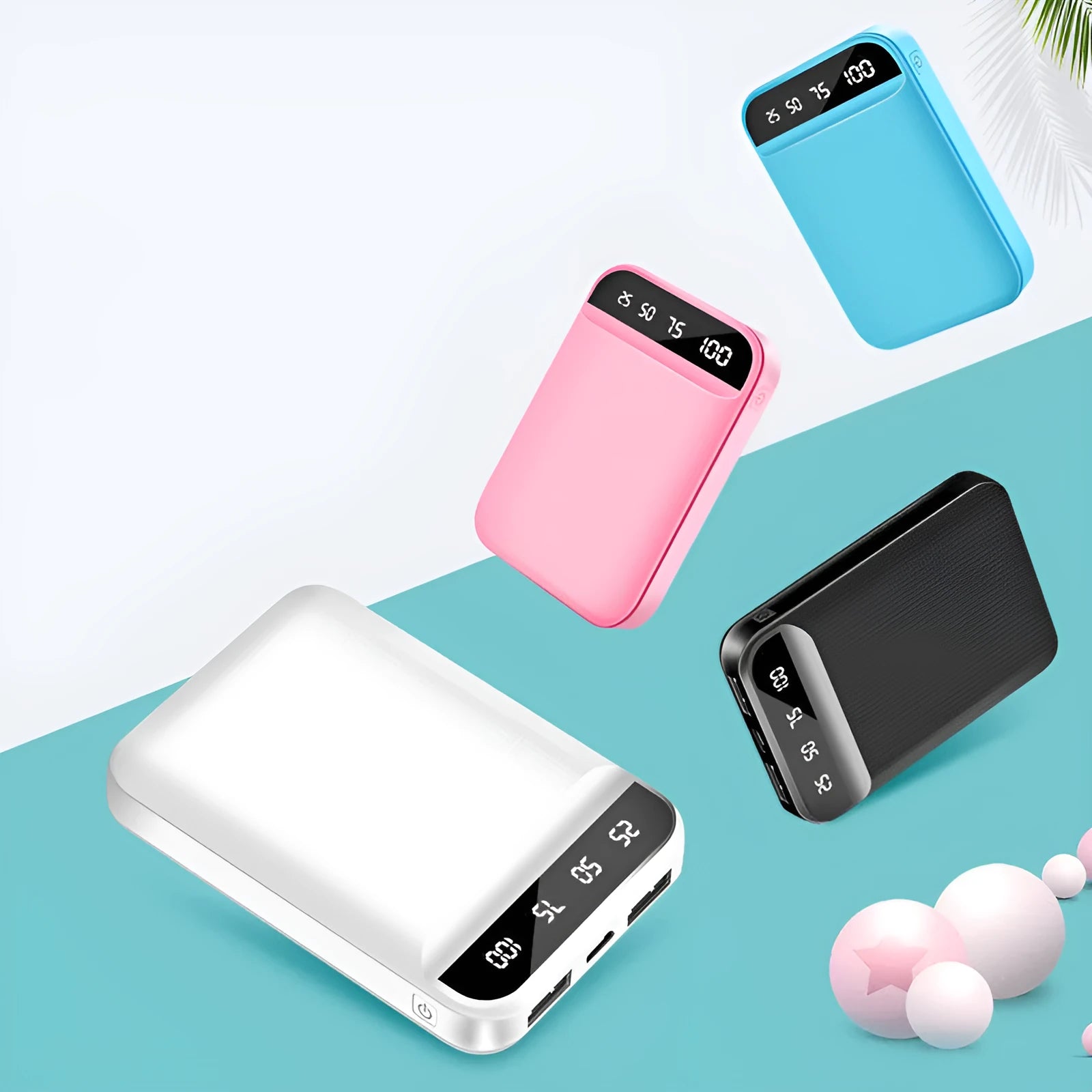 Mini power bank in plastic shell with multiple USB ports showing black, blue, pink, and white colour options