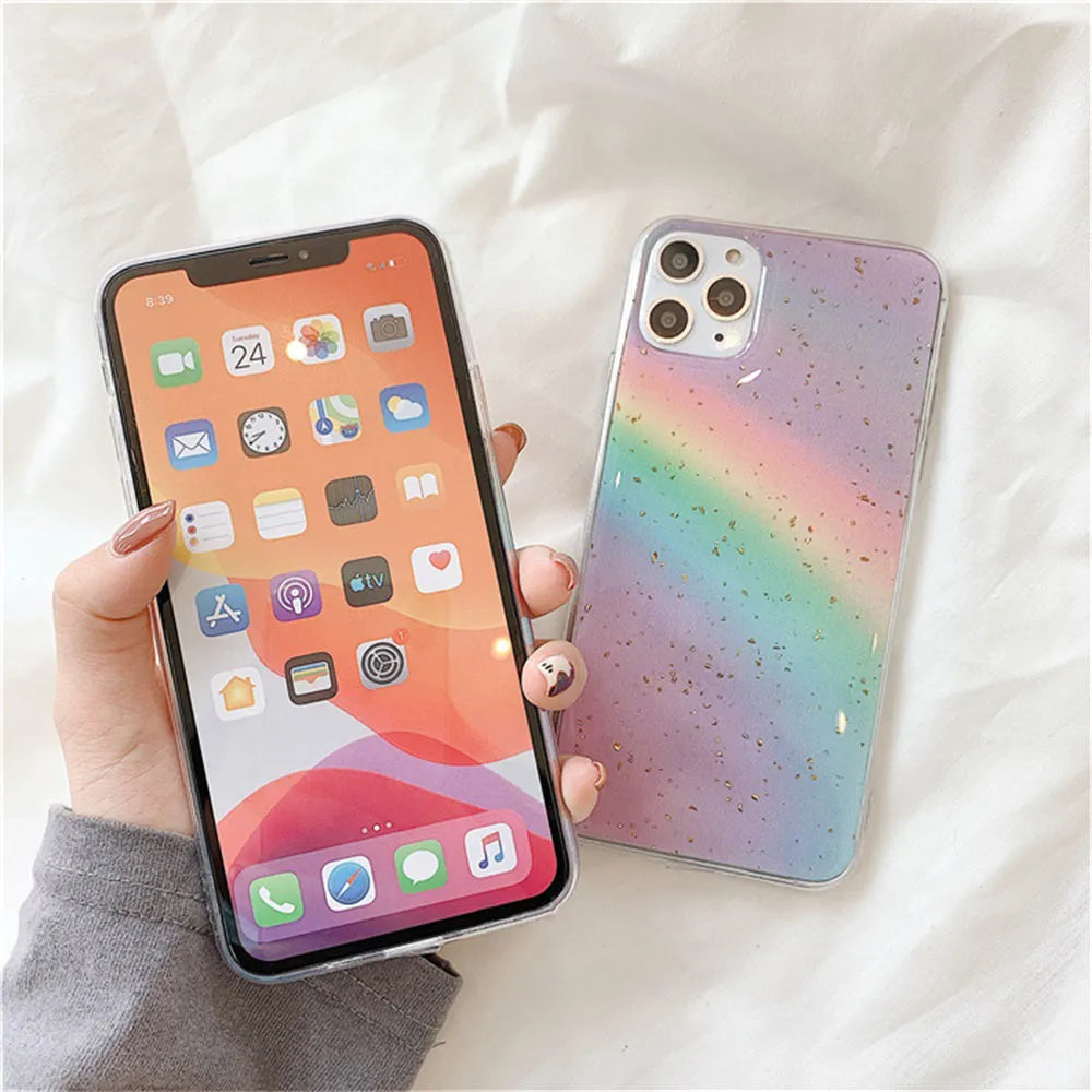 Rainbow gradient phone case with stripe patterns for iPhone models