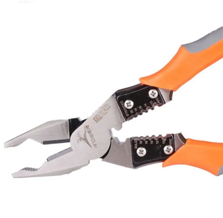 Orange multi-function wire cutter pliers with forged steel head and textured PVC handles.
