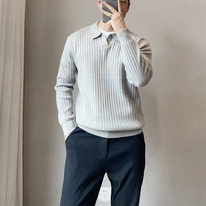 Men's loose grey modal knit sweater with rabbit fur trim detail on the chest, long sleeves.