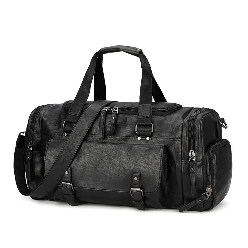 Black PU travel bag with shoe compartment measuring 52cm by 19cm by 27cm