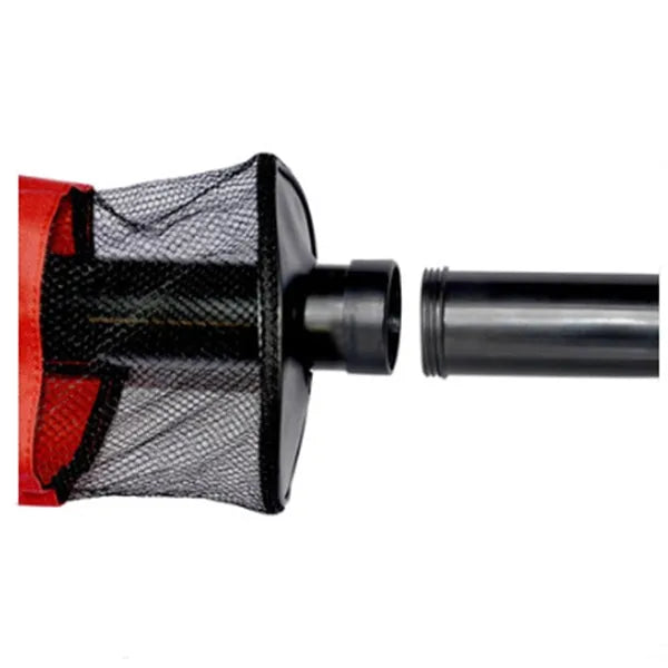 Red detachable golf ball retriever with nylon zipper storage bag and plastic handle, holds about 60 balls