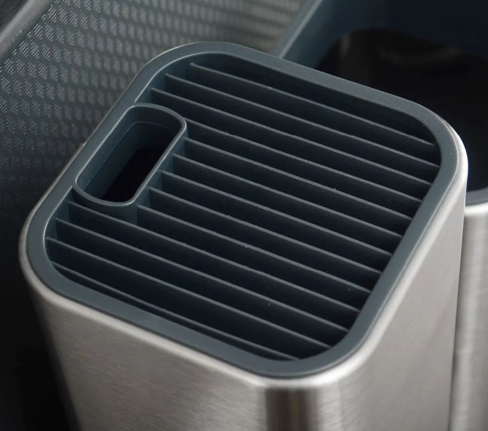 Stainless steel kitchen tool holder with knife slots and storage bucket, detachable bottom
