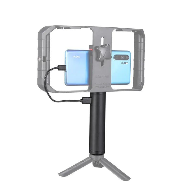 Black aluminium alloy power bank handle with 6800mAh capacity, shown next to a mobile phone.