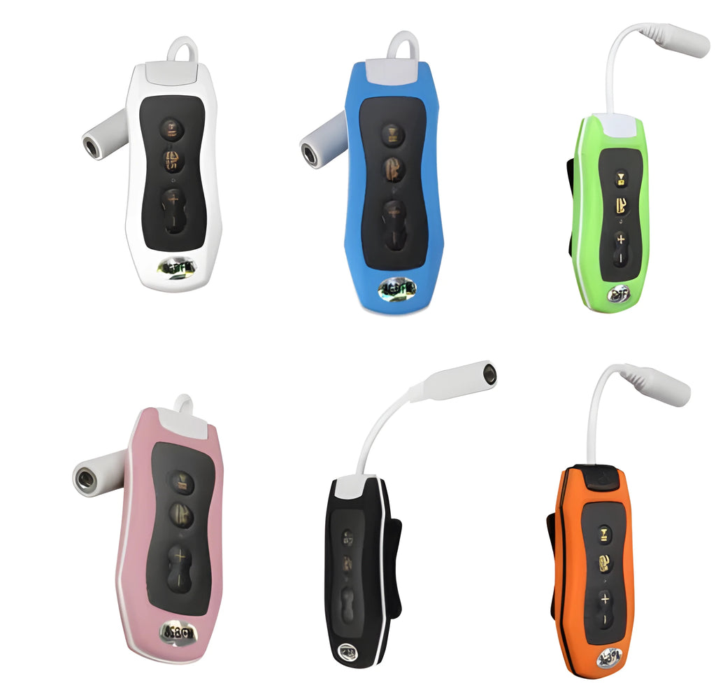 Compact Bluetooth MP3 headset in multiple colours with IPX68 waterproof rating for sports.