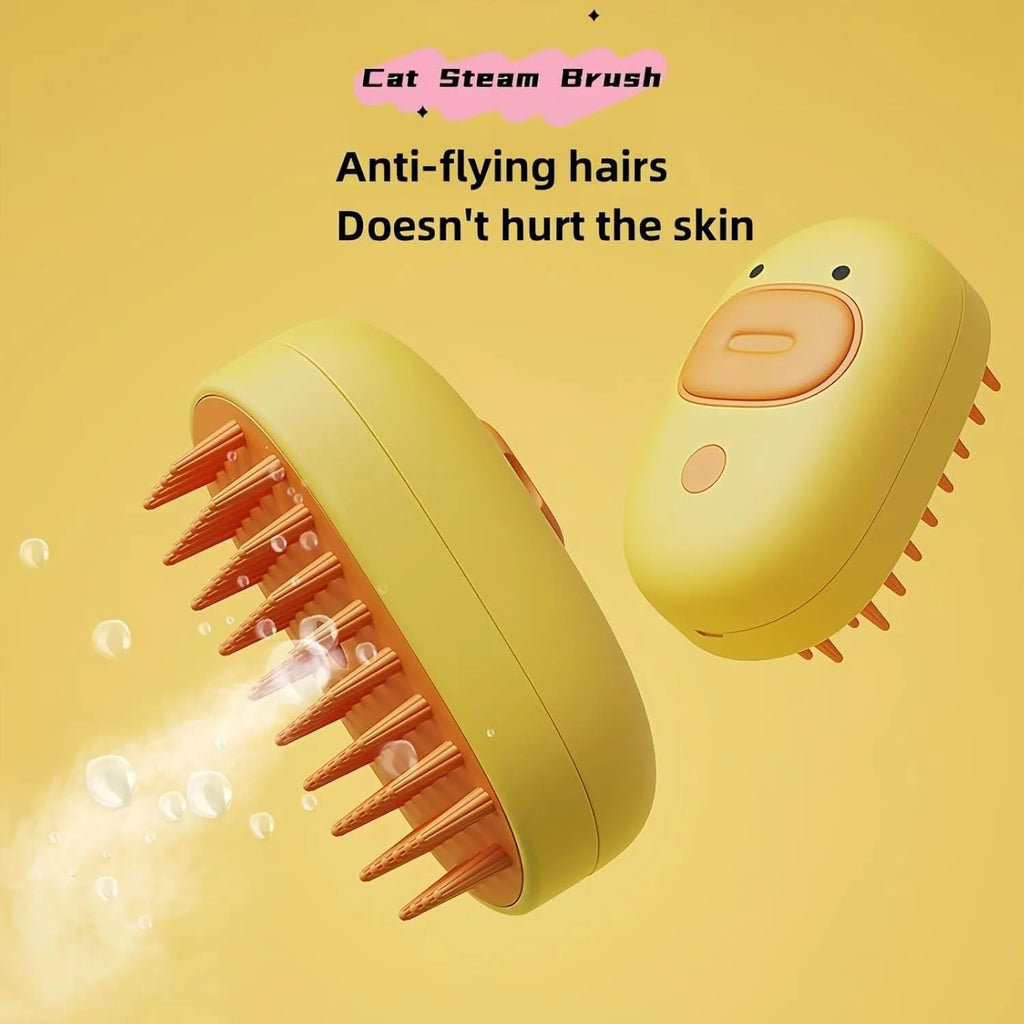 White or yellow rechargeable pet steam brush for grooming dogs and cats.