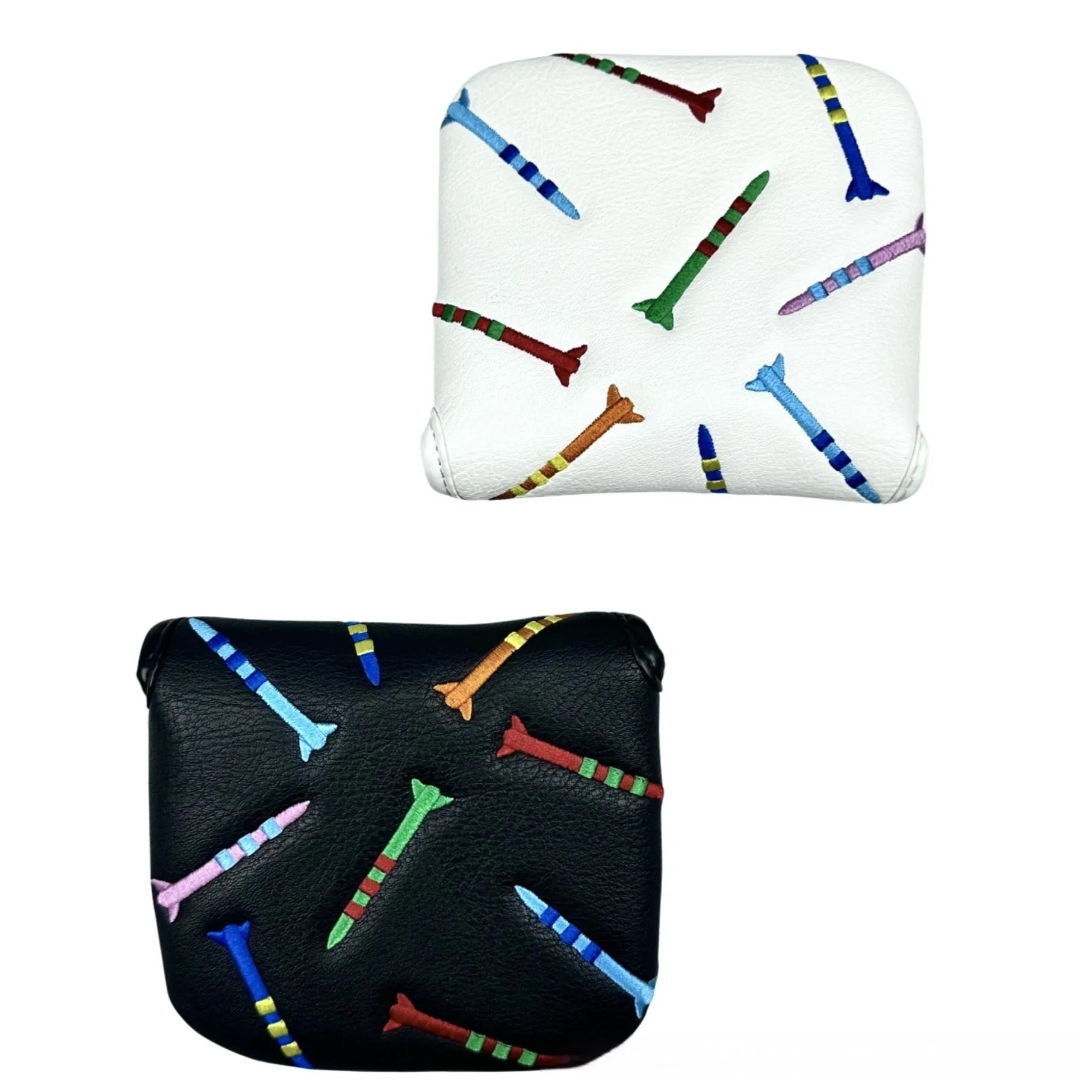 Black and white golf putter protective sleeve with rocket pattern design for square putter heads