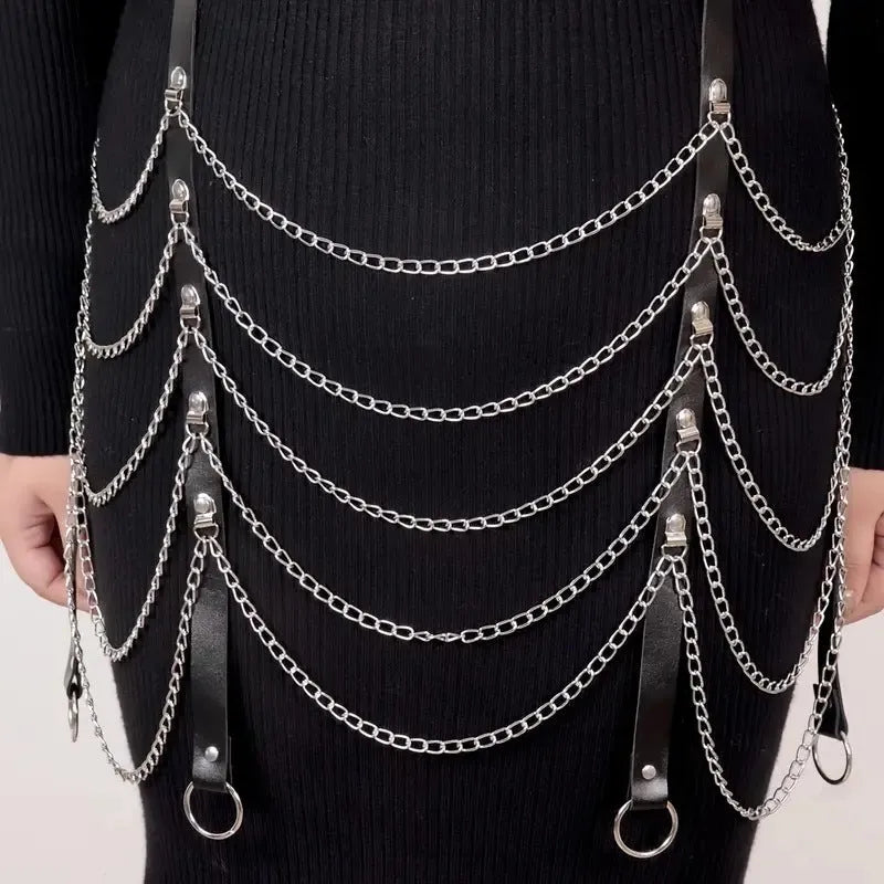 Black PU leather waist chain with bandage-style adjustable binding for women's fashion accessories