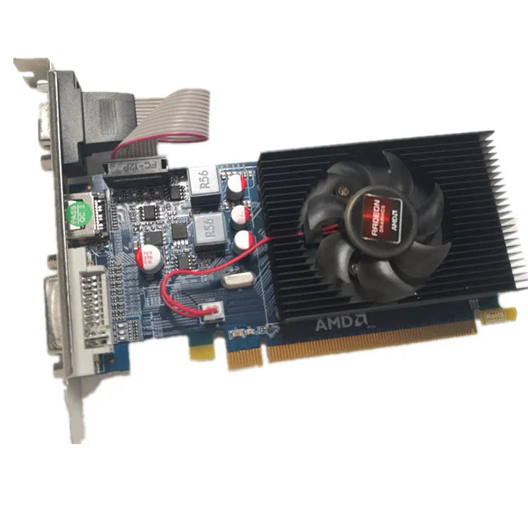 HD7450 black desktop graphics card with AMD H7450 chip, 2GB DDR3 memory, DVI VGA HDMI ports, PCI Express 2.0