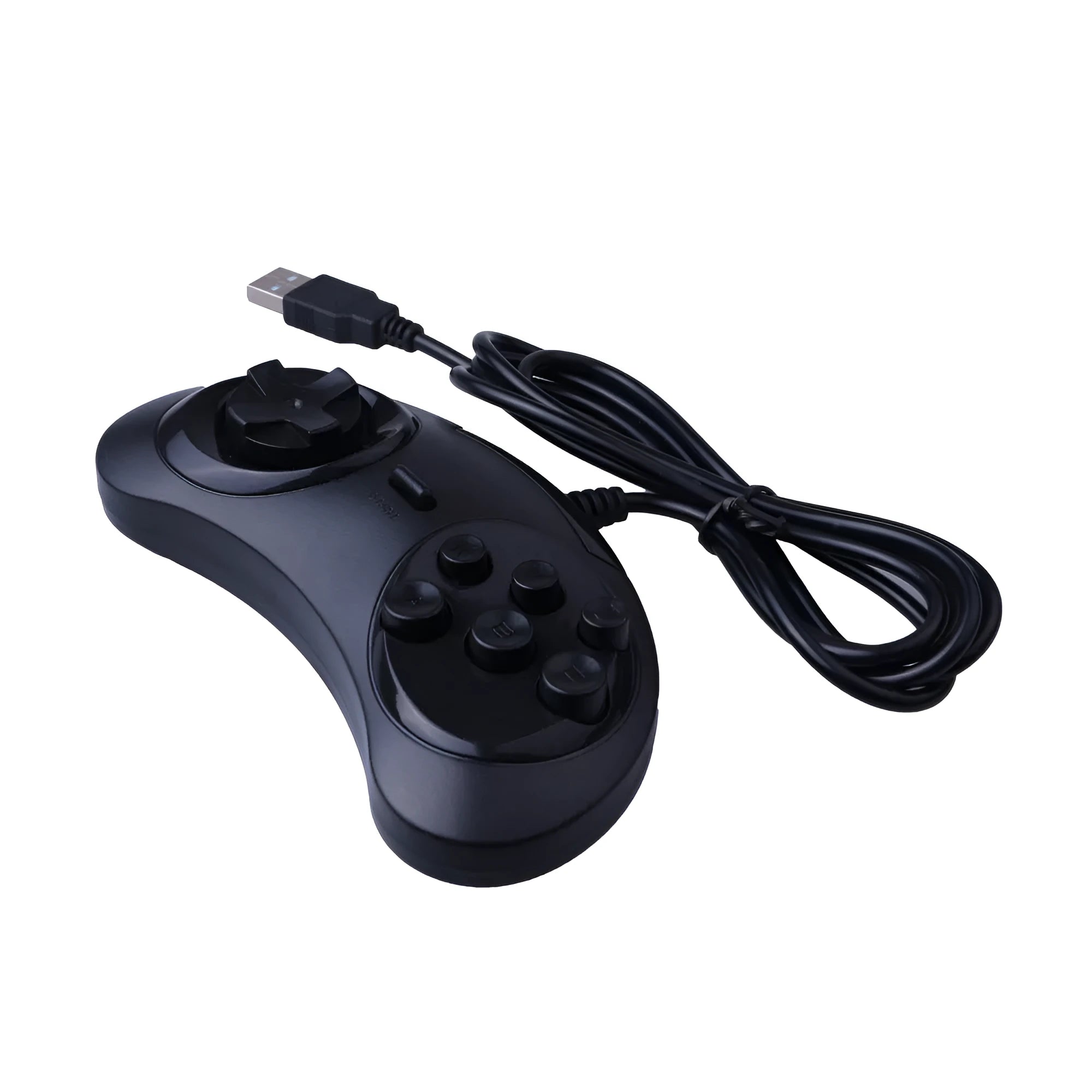 Black Sega USB PC game controller with 1.8 metre cable showing dimensions and custom branding option